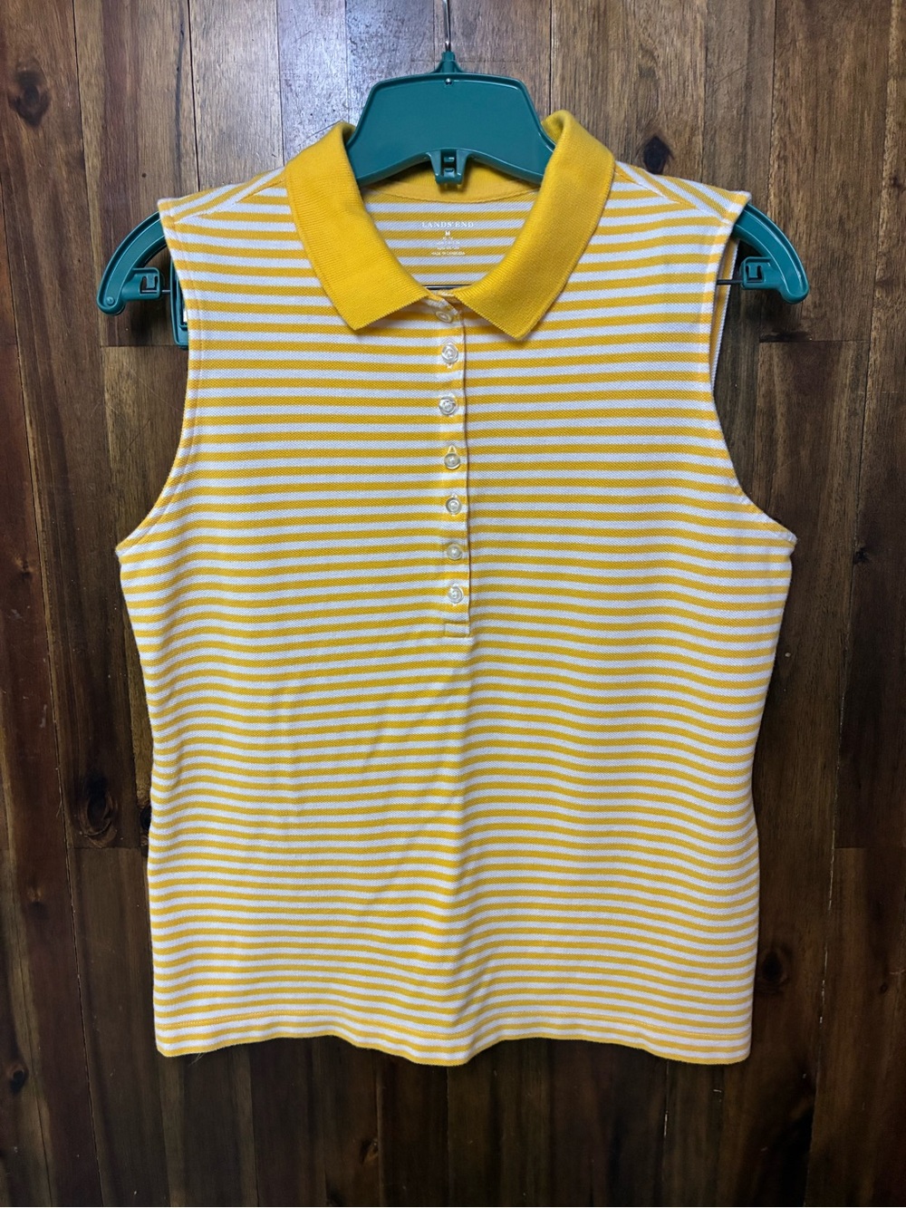 Lands’ End Women’s Sleeveless Yellow Striped Polo Tank Top (M)